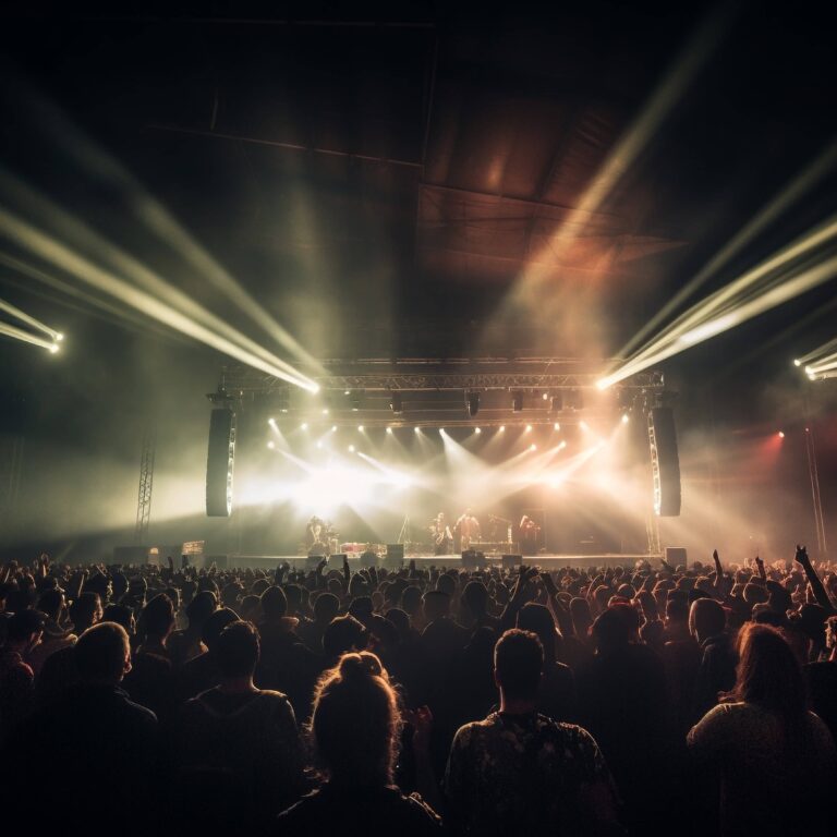 Glowing stage light illuminates cheering rock fans generated by AI
